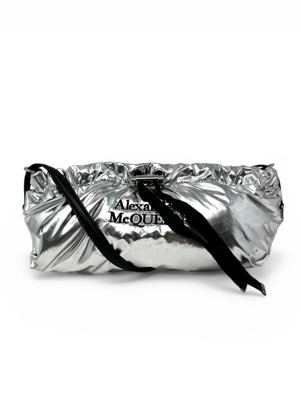 Alexander‎ McQueen Crossbody Shoulder Bundle Bag Purse Silver Nylon Black Logo